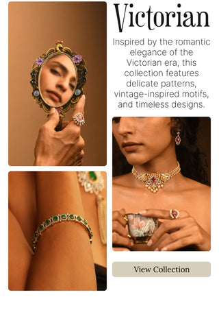 Victorian Collection by Reia showcasing lab grown diamond necklace, bracelet, earrings, and ring with vintage-inspired motifs, delicate patterns, and royal elegance.