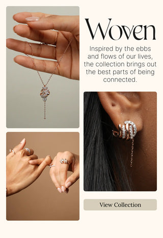 Woven collection by Reia Lab Grown Diamonds inspired by life’s connections, featuring diamond necklace, hoop earrings, and rings displayed on hands and model.