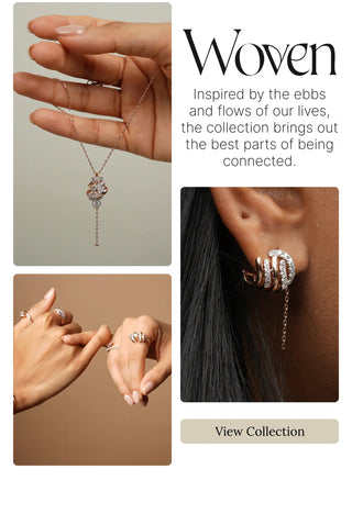 Woven Collection by Reia featuring lab grown diamond necklaces, rings, and earrings, designed to reflect the beauty of connection and the fluid motion of life’s bonds.